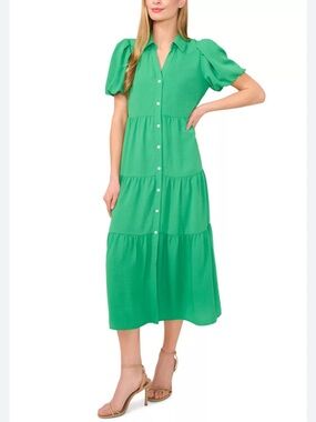 MSK Green Puff Sleeve Tiered Midi Dress